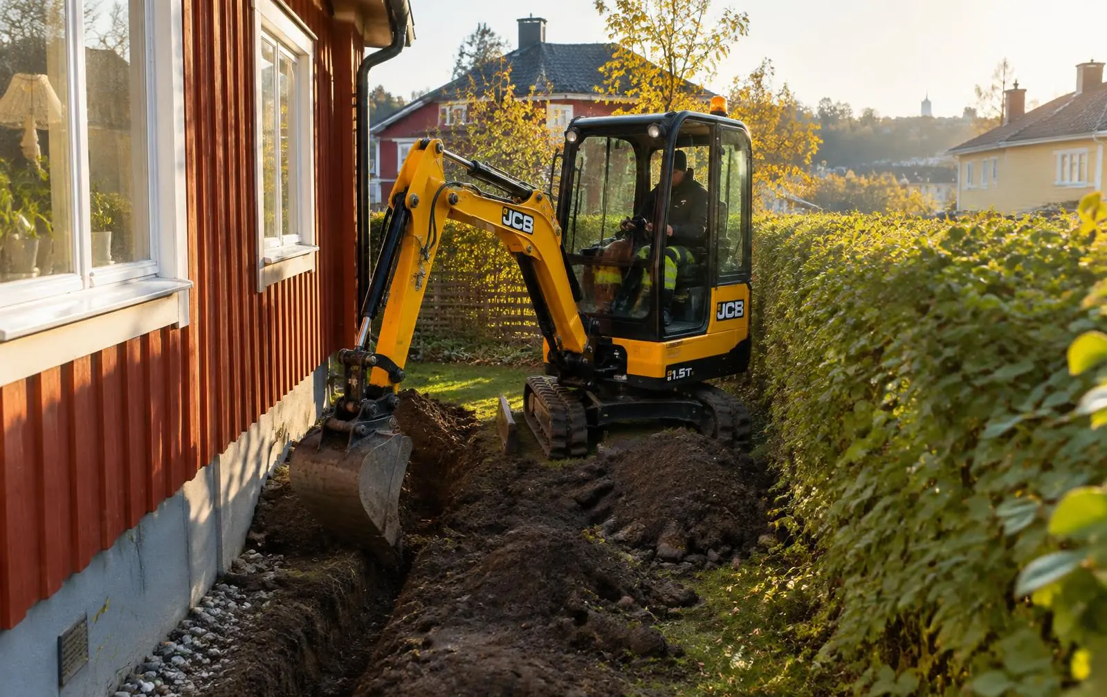 Illustration av minigrävare i svensk villamiljö